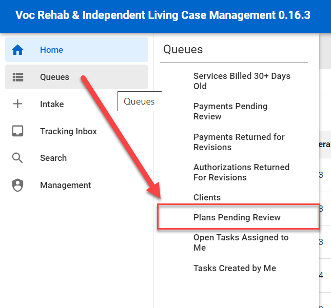 Menu Queue > Plans Pending Review Queue
