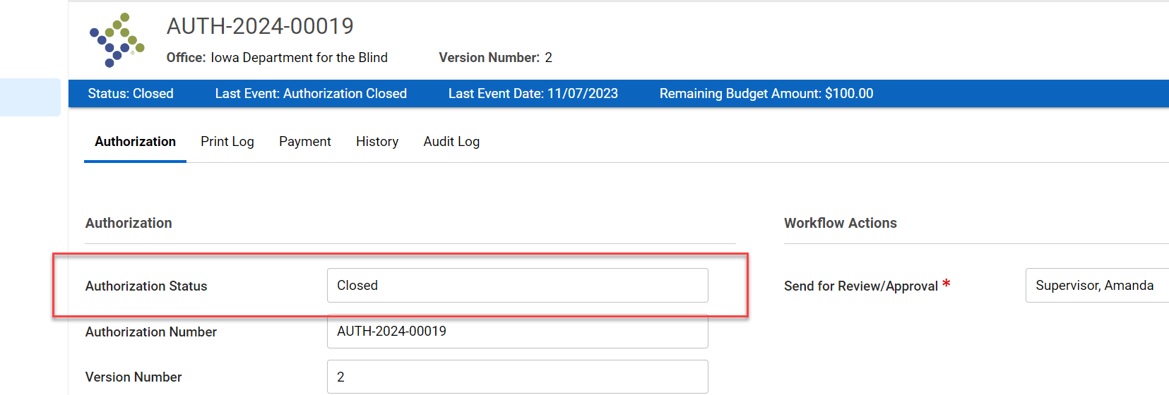 Opening authorization; reflecting Closed status