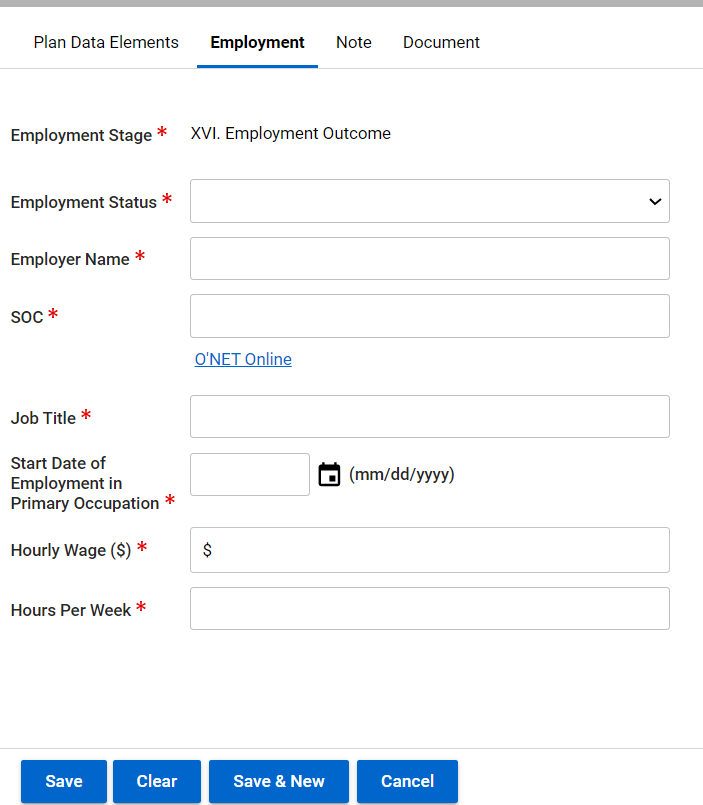 Employment Form on Quick Menu