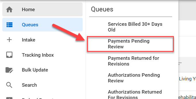 Menu Queue > Payments Pending Review Queue