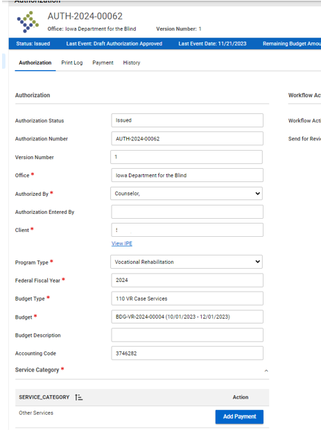 Authorization in a Status of Issued