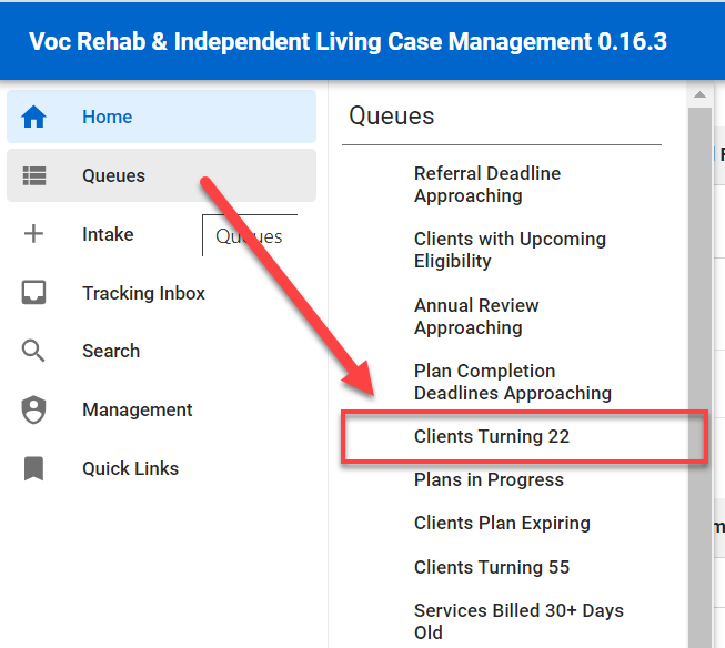 Menu Queue > Clients Turning 22 Queue