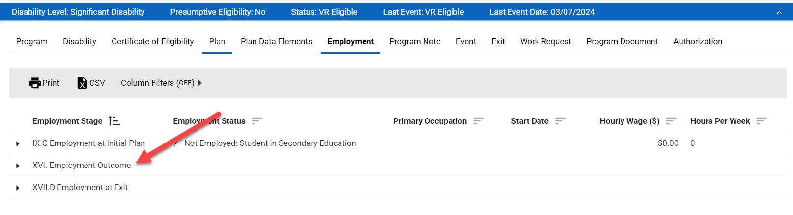 Employment Listing > Employment Outcome