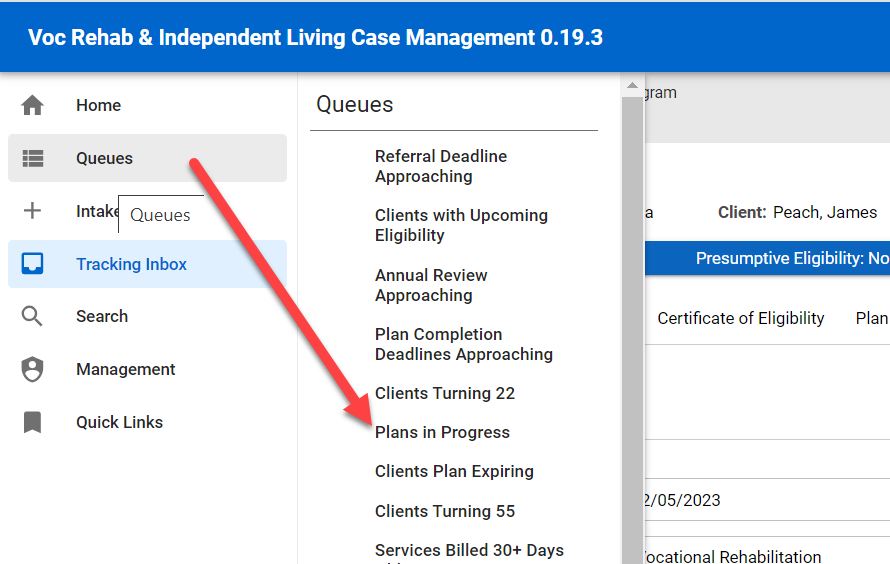 Menu Queue > Plans in Progress Queue