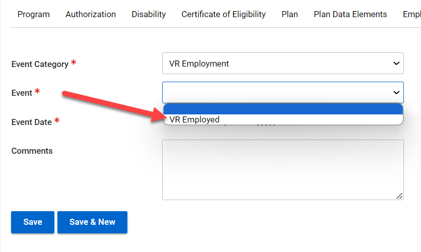 Event Drop-Down based on Event Category being VR Employment 