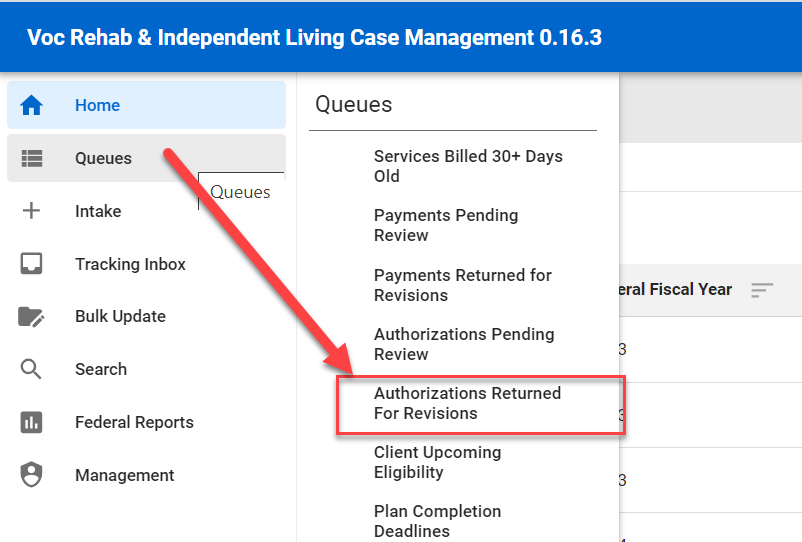 Menu Queue > Authorizations Returned for Revisions