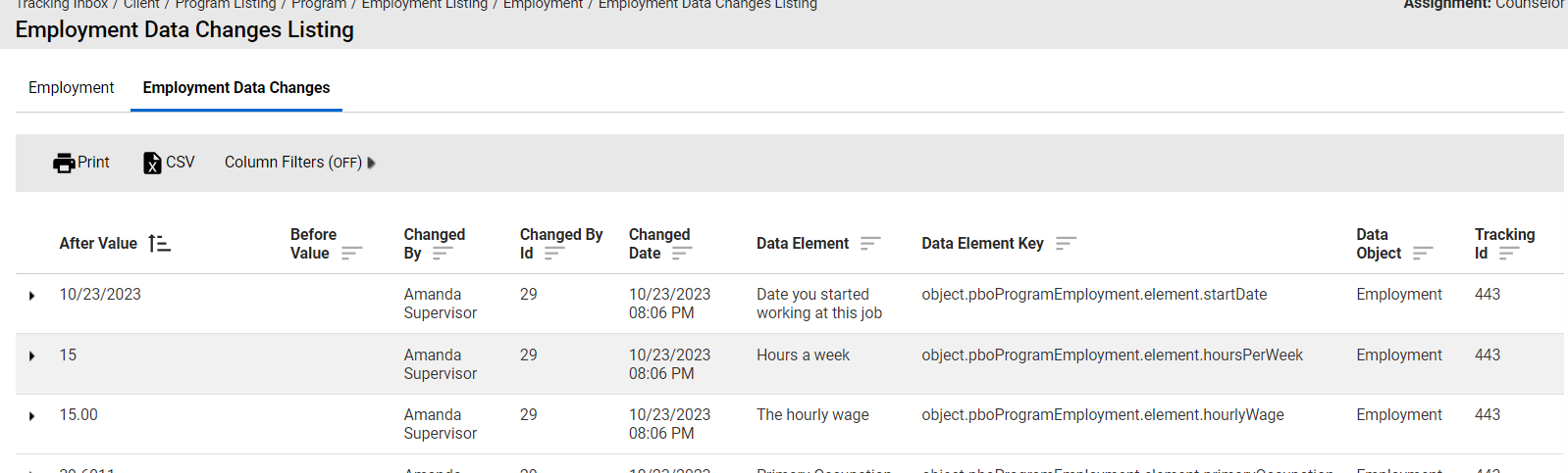 Employment Data Changes Listing