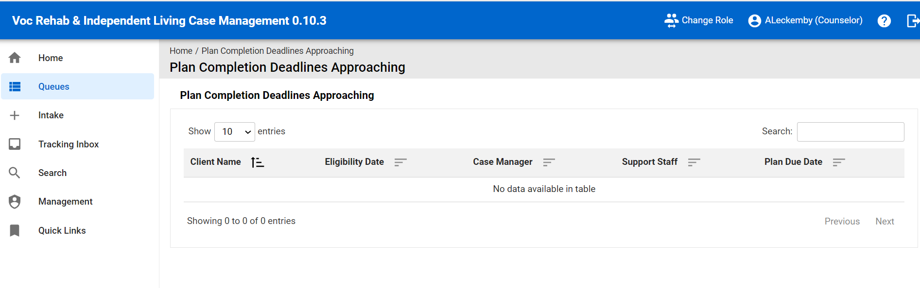 View of Plan Completion Deadlines Approaching Queue