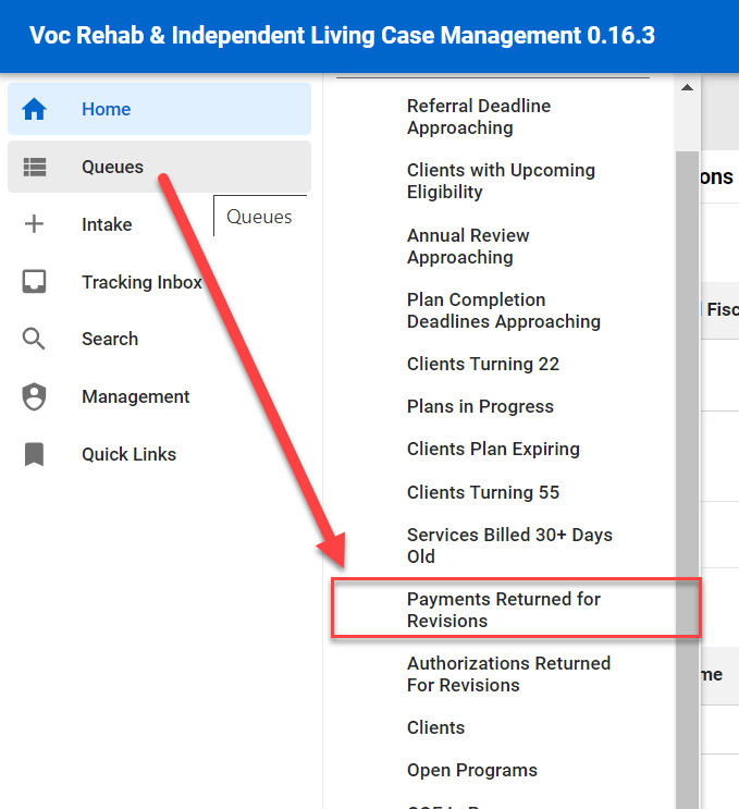 Menu Queue > Payments Returned for Revisions