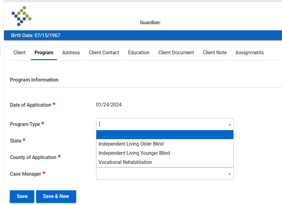 Program Type Drop-Down