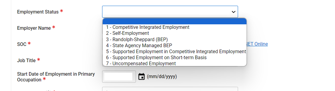 Employment Status Drop Down