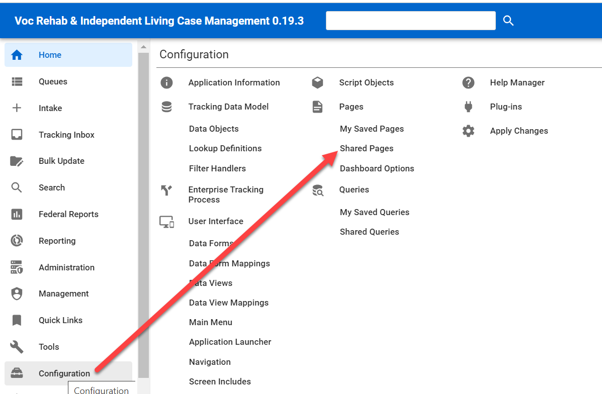 Menu > Configuration> Shared Pages