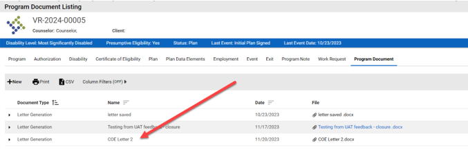 Program Document Listing