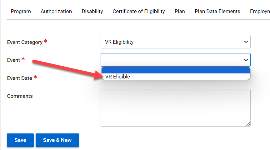 Event Drop-Down based on Event Category being VR Eligibility 