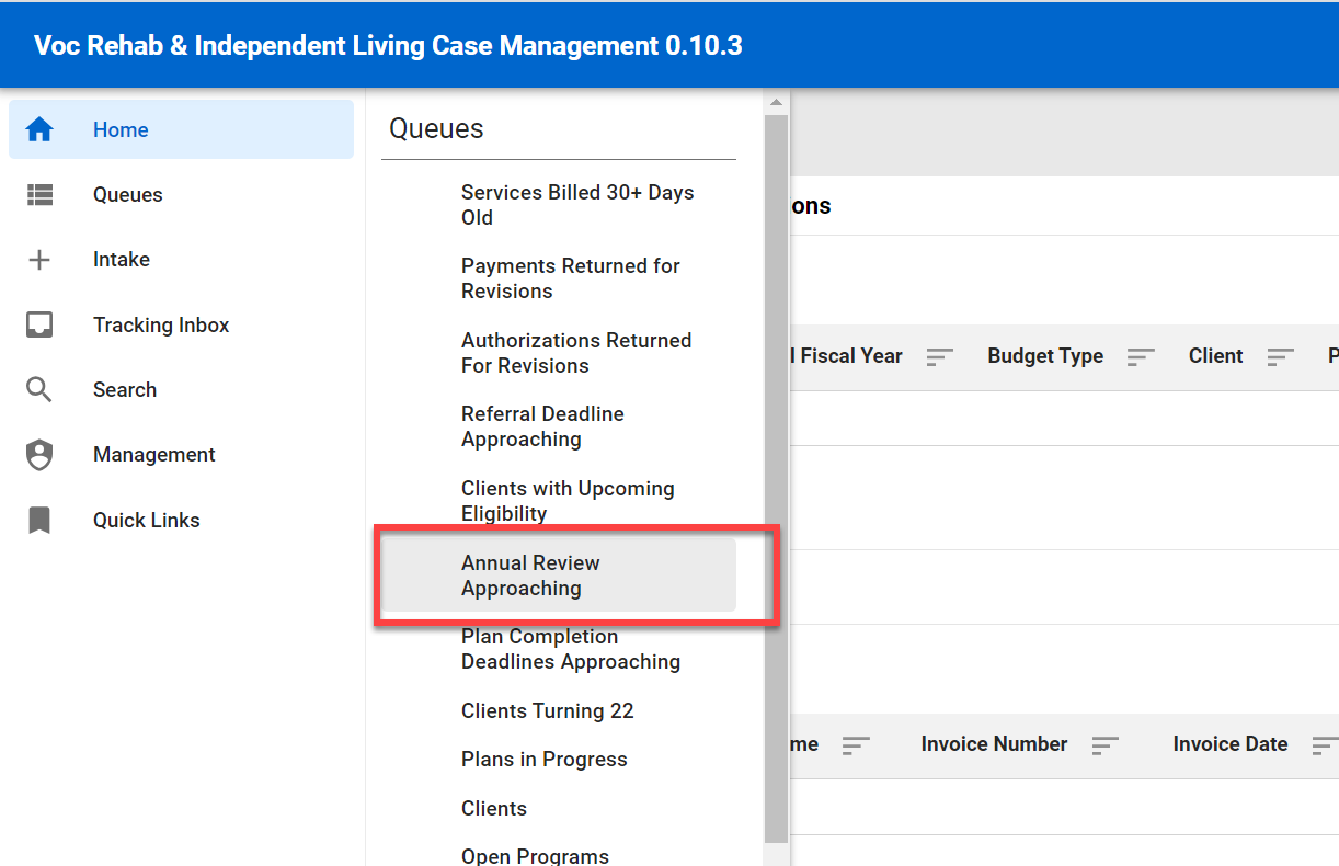 Case Manager queue menu: Annual Review Approaching