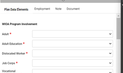 Quick Menu > Plan Data Elements Form