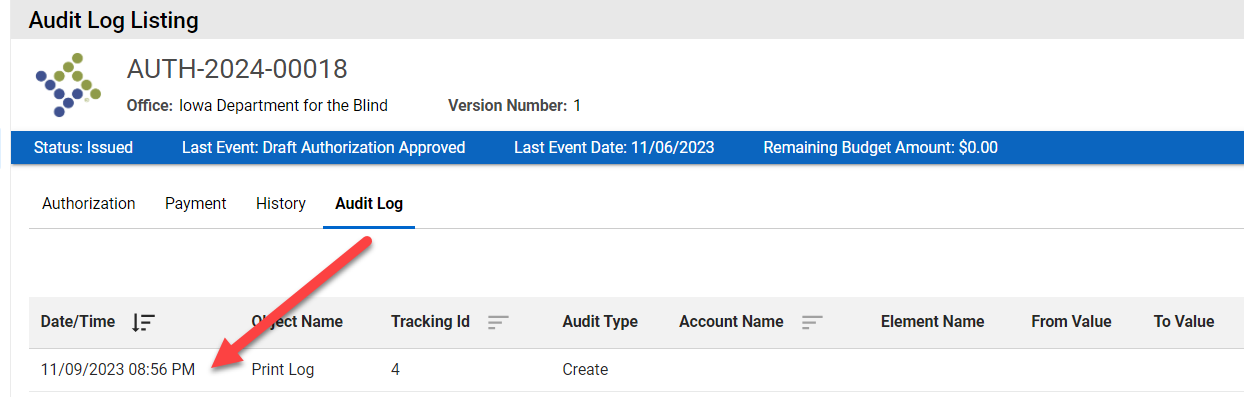  Authorizations Audit Log Tab