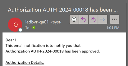 Email Notification of Approved Authorization