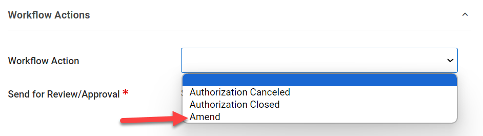  Workflow Actions Amend option is chosen