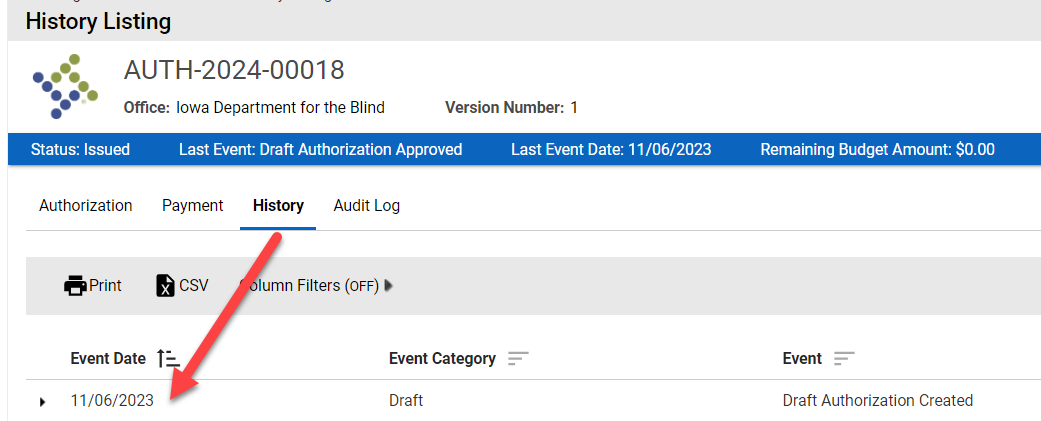 Authorizations History Tab