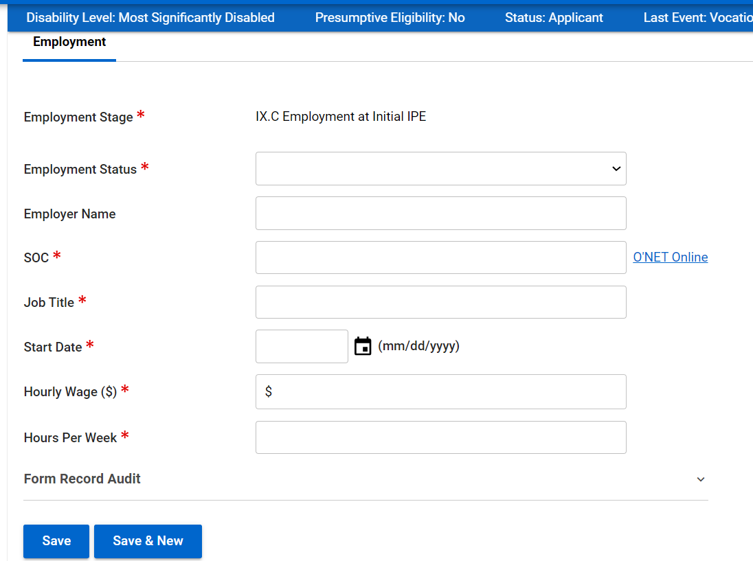 Employment at Initial Plan Form