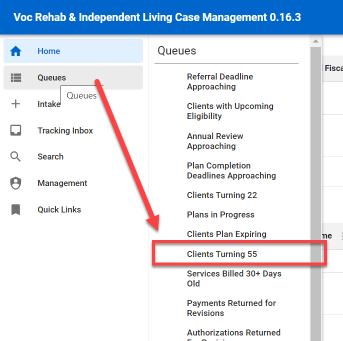 Menu Queue > Clients Turning 55 Queue