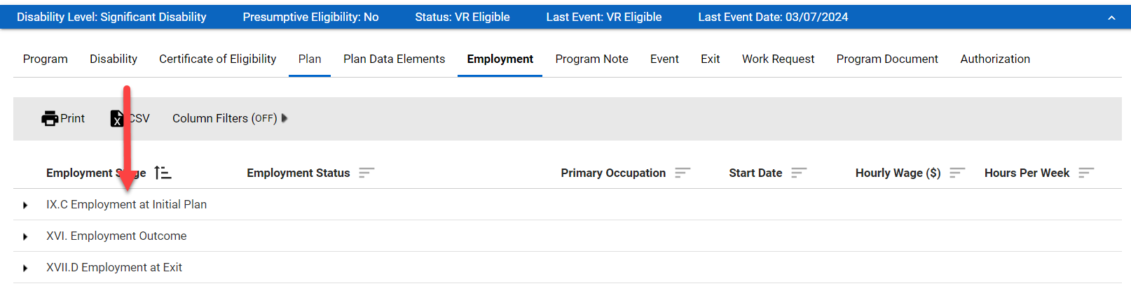 Employment Listing > Employment at Initial Plan 