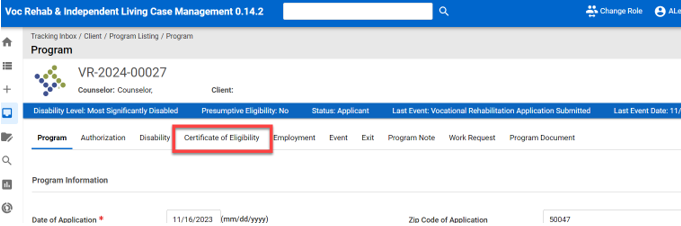 Certificate of Eligibility Tab