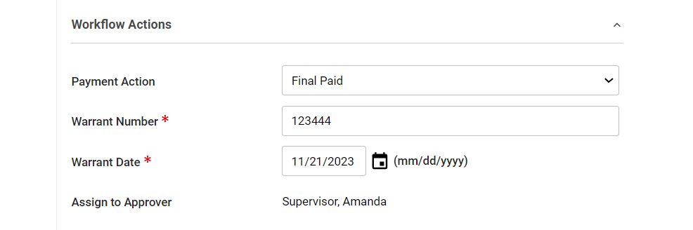 Warrant Number and Warrant Date display fields are populated