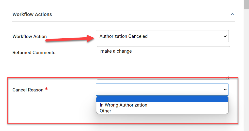 Workflow Action Authorization Canceled and Cancel Reason