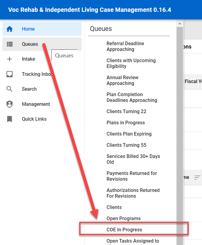 Queue Listing > COE in Progress