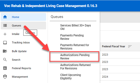 Menu Queue > Authorizations Pending Review