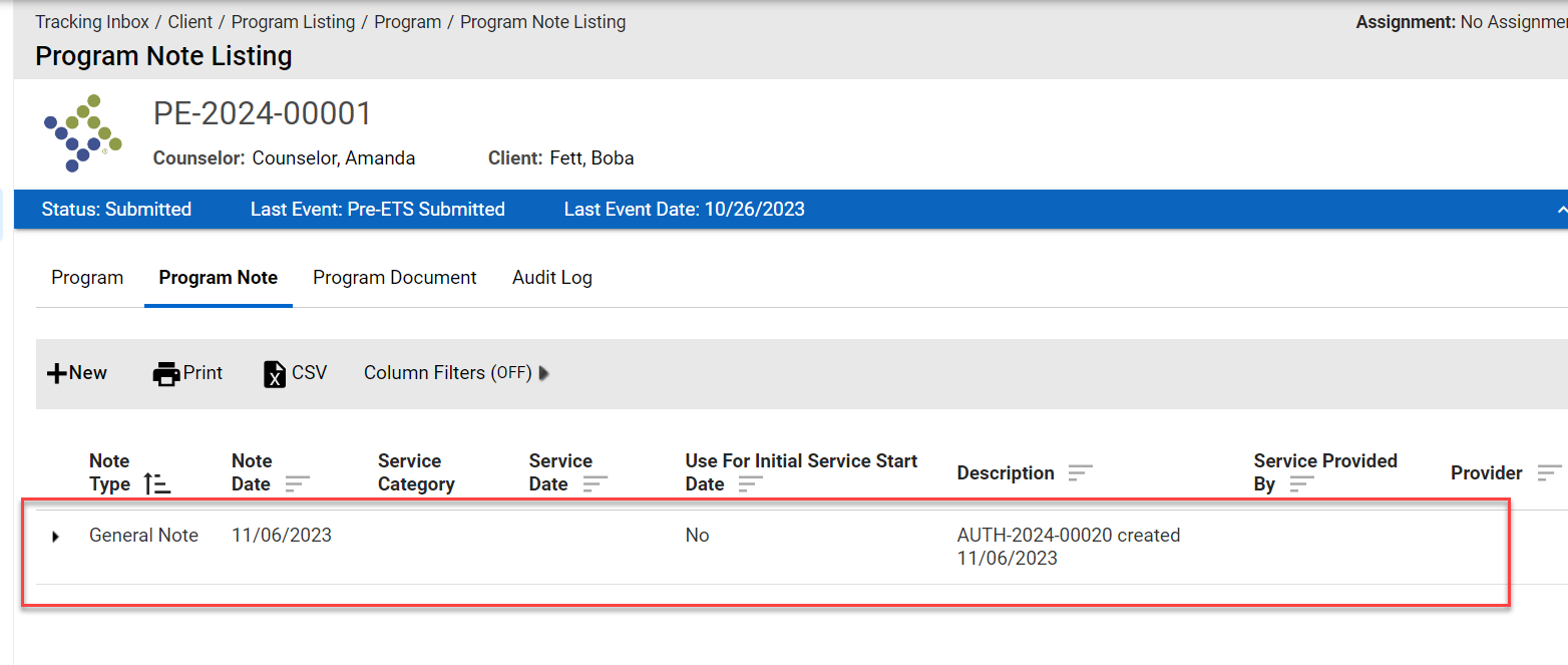  Program Note Authorization Number