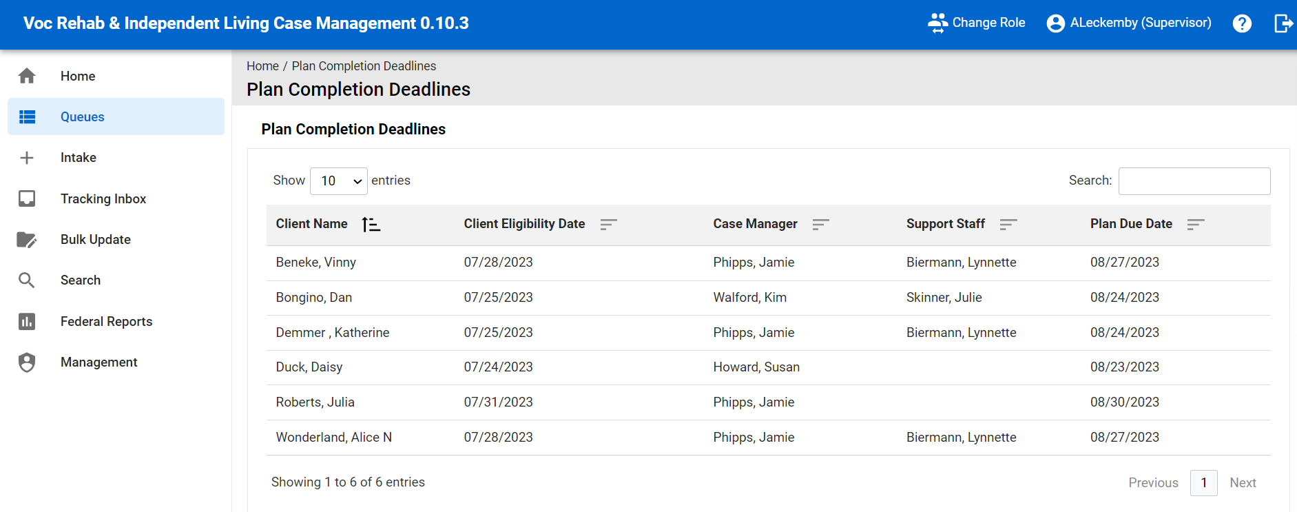 View of Plan Completion Deadlines Queue