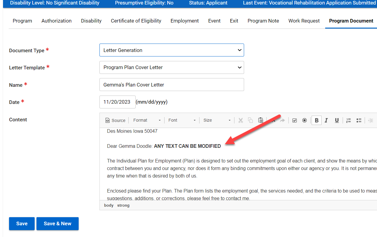 Letter Template Form; Text Can Be Modified