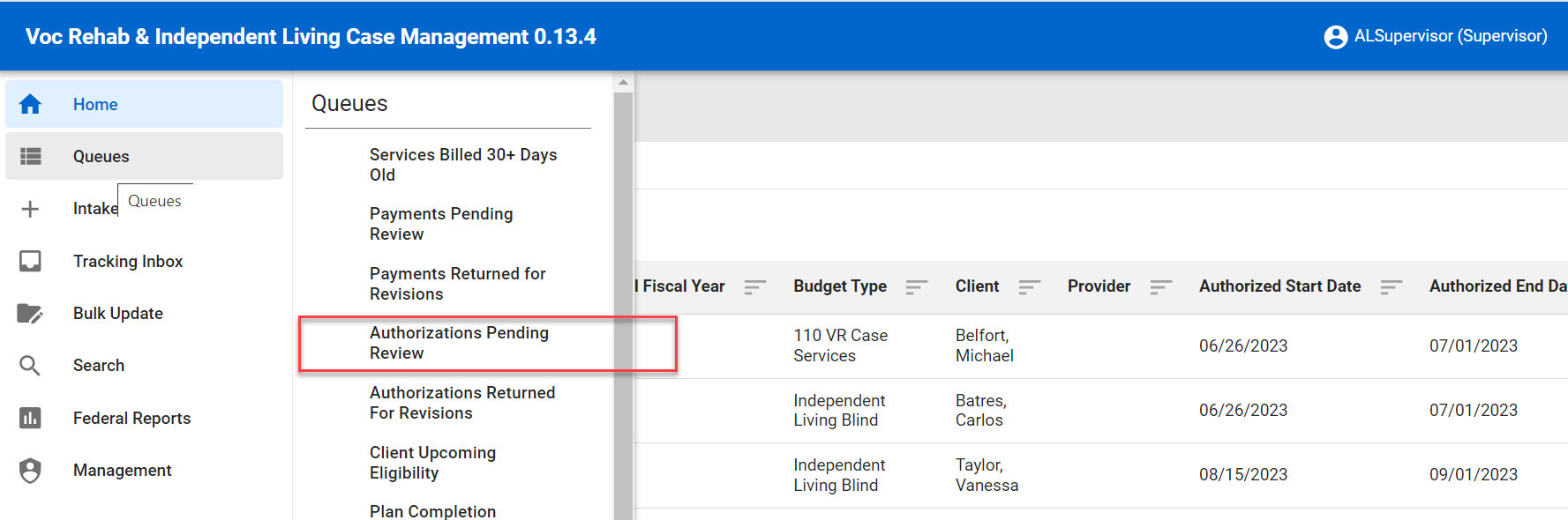 Supervisors Queue > Authorizations Pending Review 