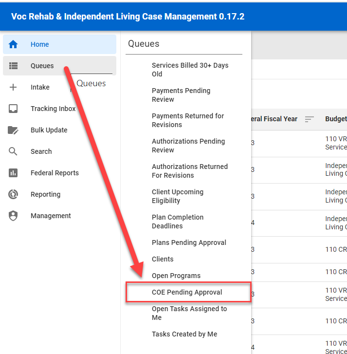  Queue Listing > COE Pending Approval Queue 