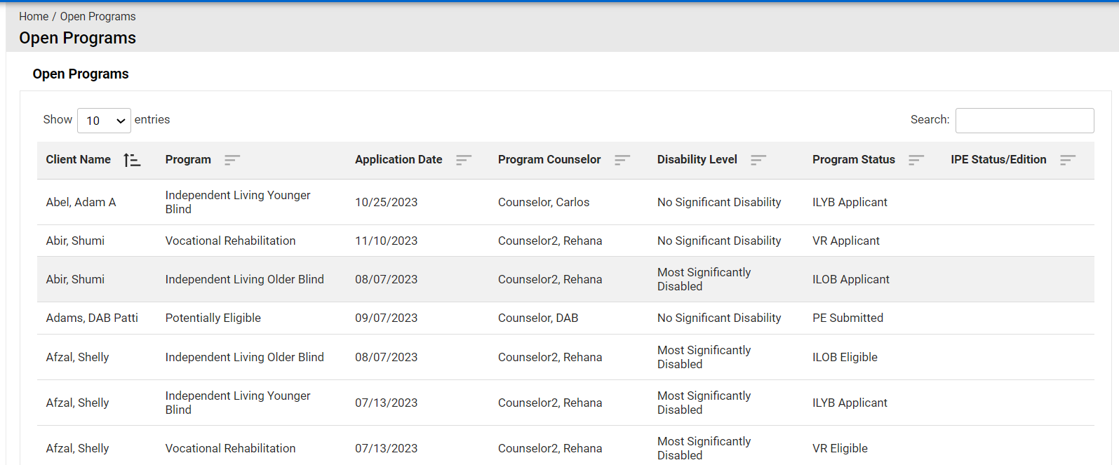 Open Programs Queue Listing