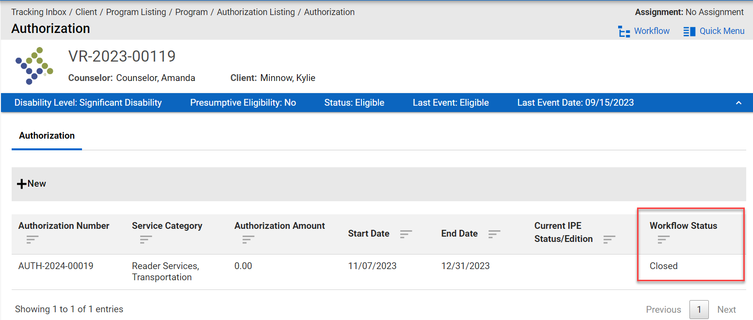 Authorization Listing displays Workflow Status = Closed