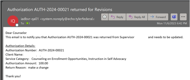 Email: Returned for Revisions