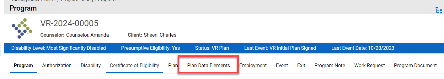 Plan Data Elements Tab