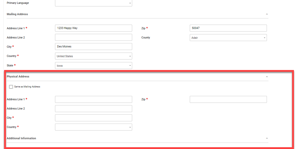 Client Form Address Fields; Physical Address