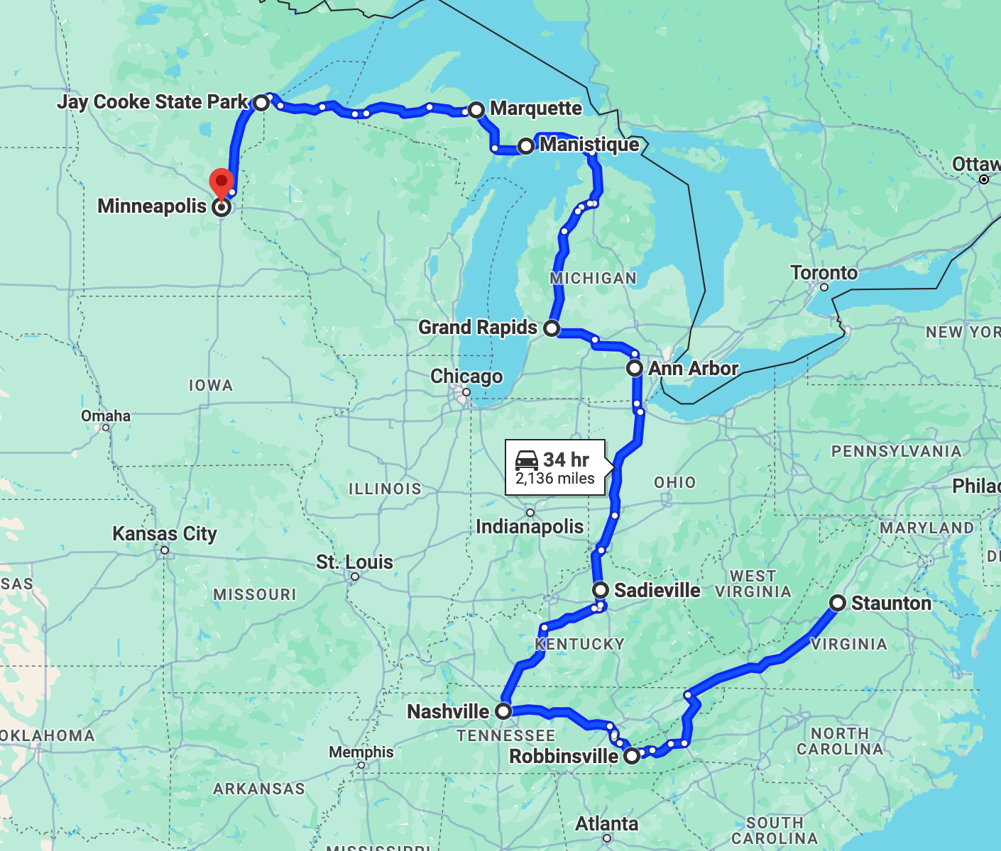 My approximate route, as shown in Google Maps.