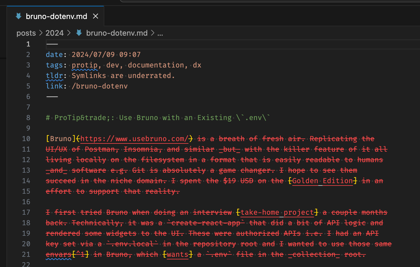 Malformed Markdown syntax highlighting, mostly red and striked-out. A sneak peak at an upcoming post, too.