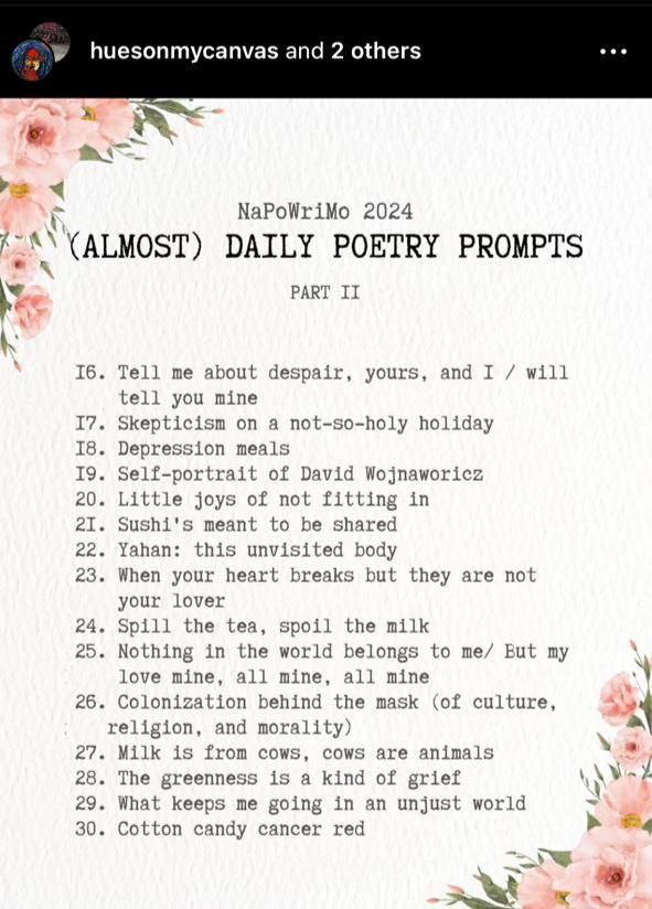 NaPoWriMo Prompts for the first half of April 2024