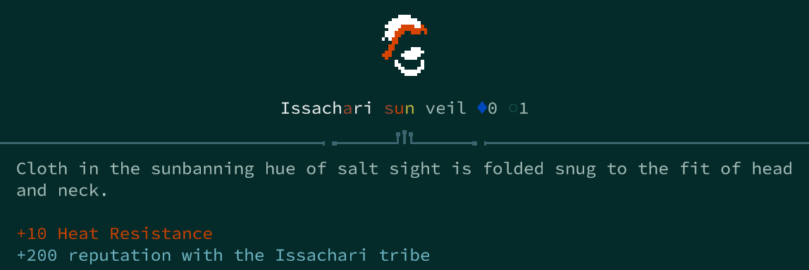 Screenshot of an headpiece equipment in Caves of Qud