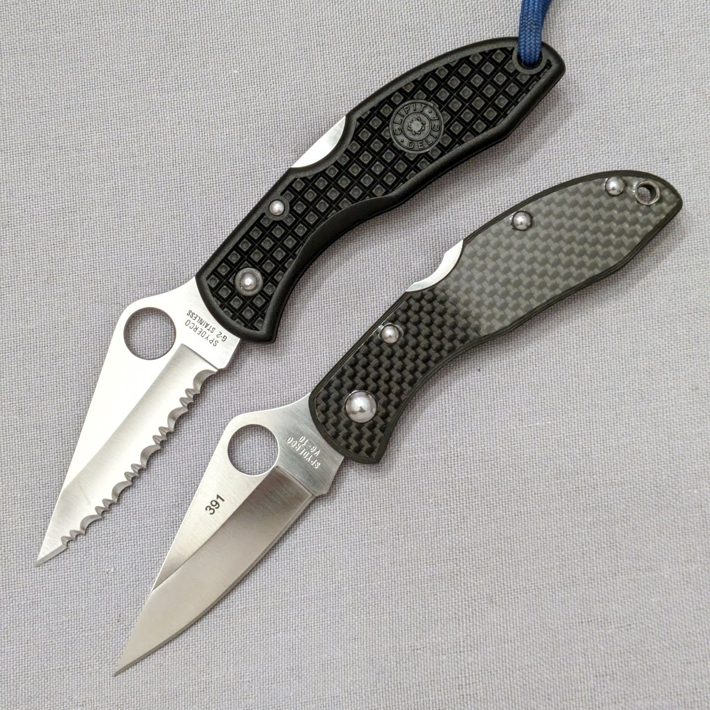 Carbon fiber Delica alongside my other Delica, a first generation example with a G-2 blade. 