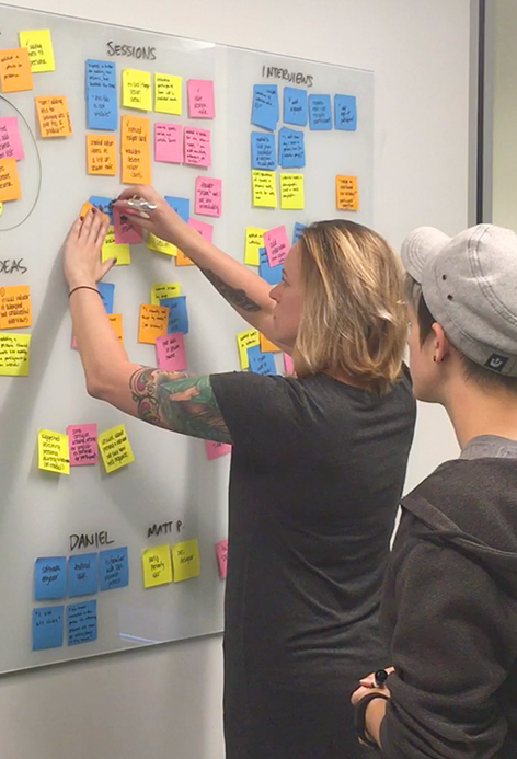 Designers and product managers organize observations and insights from a usability testing session.