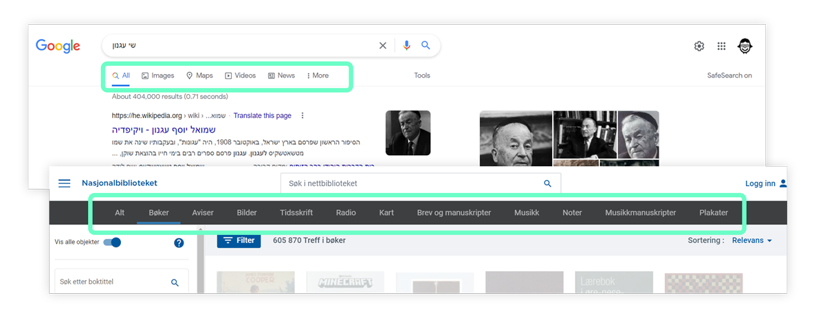 Google and the National Library of Norway search results pages
