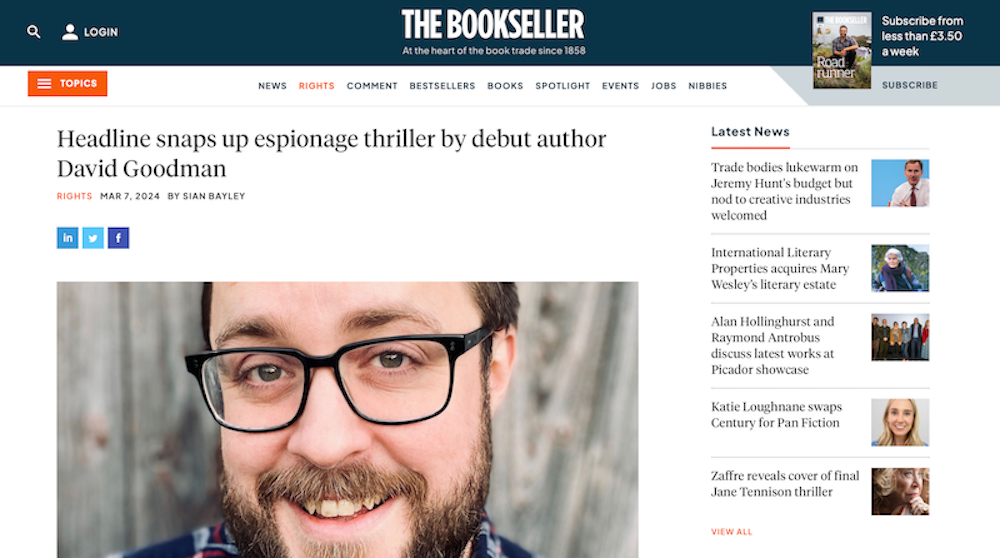 Image of announcement on The Bookseller website